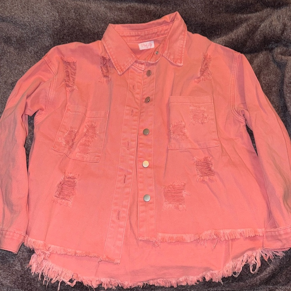 NWOT Pink Lily Oversized Pink Distressed Denim Jacket